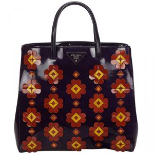 Pre Owned Prada Black Patent Leather Spazzolato Floral Applique Tote