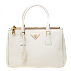 Pre Owned Prada Off-white Saffiano Lux Leather Small Double Zip Tote