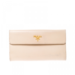 Pre Owned Prada Beige Saffiano Leather Long Flap Wallet