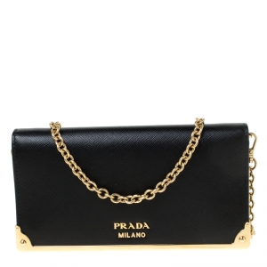 Pre Owned Prada Black Saffiano Lux Leather Metal Flap Wallet On Chain