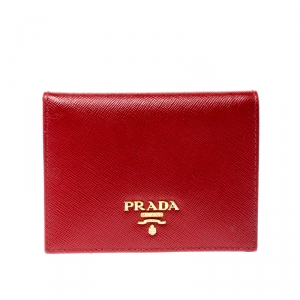Pre Owned Prada Red Saffiano Lux Leather Bifold Wallet