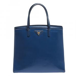 Pre Owned Prada Blue Saffiano Patent Leather Parabole Tote