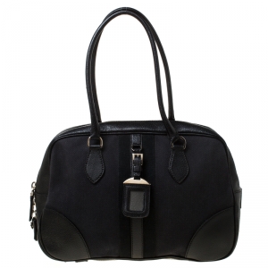 Pre Owned Prada Black Canvas and Leather Trim Bowler Bag