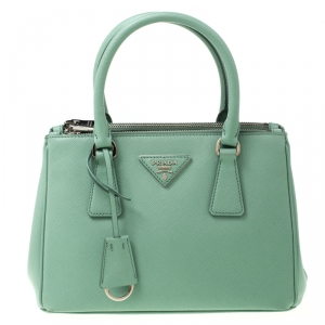 Pre Owned Prada Light Green Saffiano Lux Leather Mini Double Zip Tote