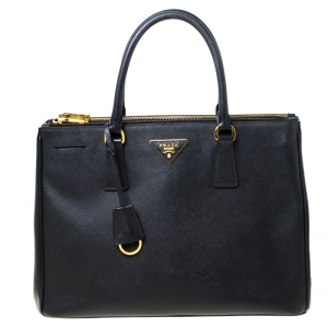 Pre Owned Prada Black Saffiano Leather Medium Double Zip Tote