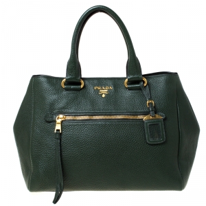 Pre Owned Prada Forest Green Vitello Daino Leather Tote          