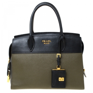 Pre Owned Prada Military Green and Black City Leather Medium Esplanade Satchel