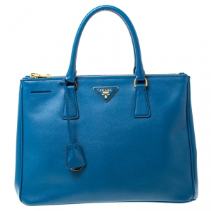 Pre Owned Prada Blue Saffiano Lux Leather Medium Double Zip Tote