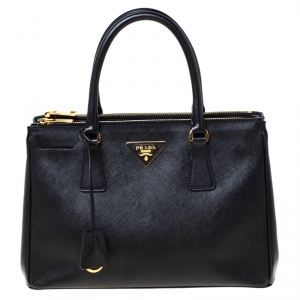 Pre Owned Prada Black Saffiano Lux Leather Double Zip Tote