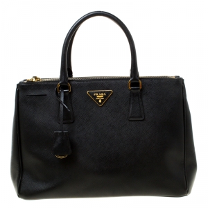 Pre Owned Prada Black Saffiano Leather Medium Double Zip Tote