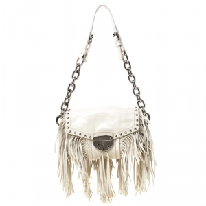 Pre Owned Prada Cream Vitello Shine Leather Fringe Shoulder Bag