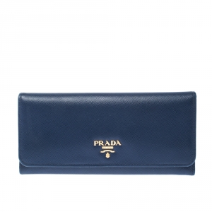 Pre Owned Prada Blue Saffiano Leather Continental Flap Wallet