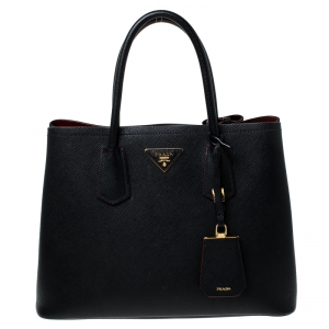Pre Owned Prada Black Saffiano Cuir Leather Medium Double Handle Tote