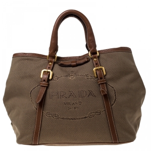 Pre Owned Prada Khaki Canvas and Leather Jacquard Logo Tote