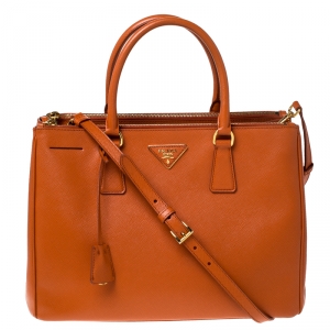 Pre Owned Prada Orange Saffiano Lux Leather Medium Double Zip Tote