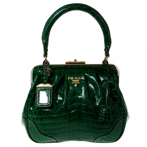 Pre Owned Prada Green Crocodile Frame Top Handle Bag