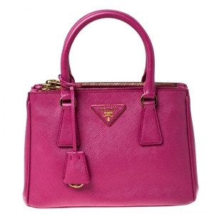 Pre Owned Prada Hot Pink Saffiano Lux Leather Mini Double Zip Tote