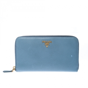 Pre Owned Prada Powder Blue Saffiano Metal Leather Zip Around Wallet