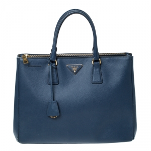 Pre Owned Prada Blue Saffiano Lux Leather Large Double Zip Tote