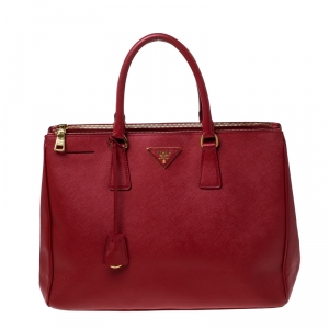 Pre Owned Prada Red Saffiano Lux Leather Large Double Zip Tote