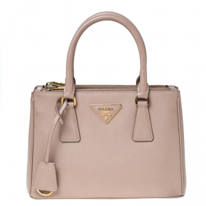 Pre Owned Prada Nude Saffiano Lux Leather Mini Double Zip Tote