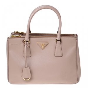 Pre Owned Prada Beige Saffiano Lux Leather Small Double Zip Tote 
