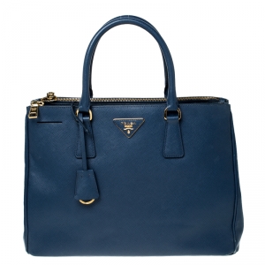 Pre Owned Prada Blue Saffiano Lux Leather Medium Double Zip Tote