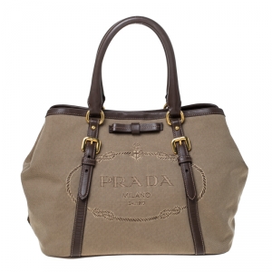 Pre Owned Prada Beige/Brown Jacquard Logo Canvas Bow Shoulder Bag