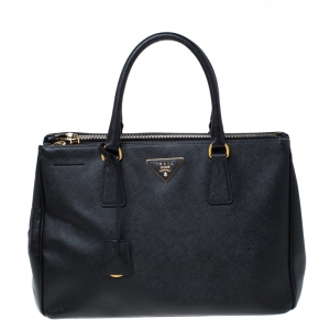 Pre Owned Prada Black Saffiano Leather Medium Double Zip Tote