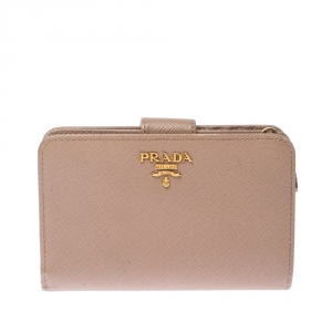 Pre Owned Prada Beige Saffiano Leather Zip Around Compact Wallet