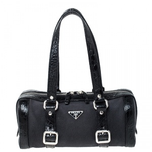 Pre Owned Prada Black Canvas and Crocodile Leather Satchel 