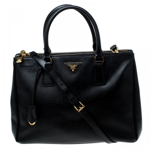 Pre Owned Prada Black Saffiano Leather Medium Double Zip Tote
