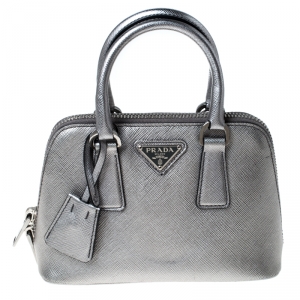 Pre Owned Prada Metallic Silver Saffiano Leather Mini Promenade Crossbody Bag