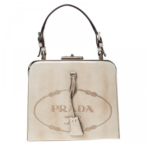 Pre Owned Prada Beige Logo Print Patent Leather Frame Top Handle Bag