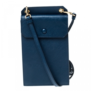 Pre Owned Prada Blue Leather Saffiano Phone Holder Crossbody Bag