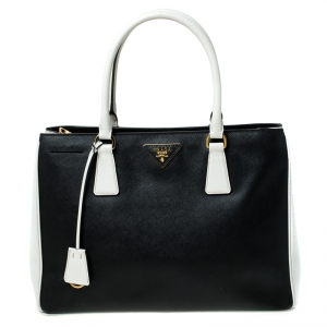 Pre Owned Prada Black/White Saffiano Lux Leather Medium Tote