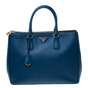 Pre Owned Prada Blue Saffiano Lux Leather Large Double Zip Tote