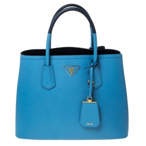 Pre Owned Prada Blue Saffiano Cuir Leather Medium Convertible Tote