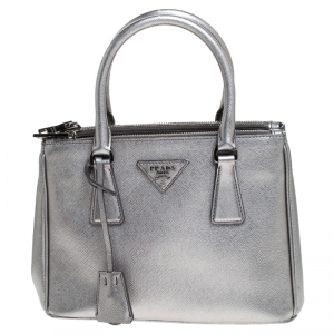Pre Owned Prada Silver Saffiano Lux Leather Mini Double Zip Tote
