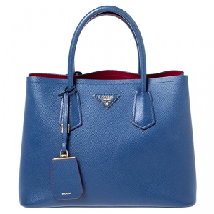 Pre Owned Prada Blue Saffiano Cuir Leather Double Handle Tote