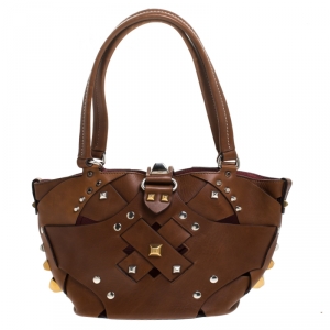 Pre Owned Prada Brown Woven Leather Studded Lattice Tote