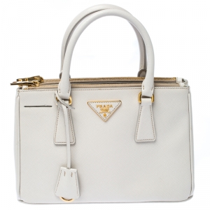 Pre Owned Prada White Saffiano Lux Leather Mini Galleria Double Zip Tote
