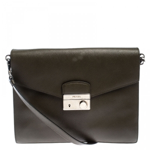 Pre Owned Prada Olive Green Saffiano Lux  Leather Flap Shoulder Bag