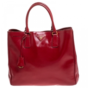 Pre Owned Prada Red Saffiano Patent Leather Medium Gardener's Tote