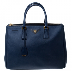Pre Owned Prada Blue Saffiano Lux Leather Large Double Zip Tote