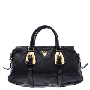 Pre Owned Prada Black Leather Belted Shoulder Bag