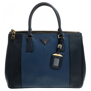 Pre Owned Prada Blue Bicolor Saffiano Lux Leather Medium Double Zip Tote