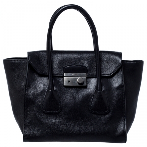 Pre Owned Prada Black Glace Calf Leather Double Handle Tote