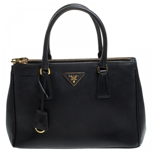 Pre Owned Prada Black Saffiano Lux Leather Small Double Zip Tote
