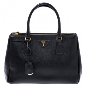 Pre Owned Prada Black Saffiano Lux Leather Small Double Zip Tote